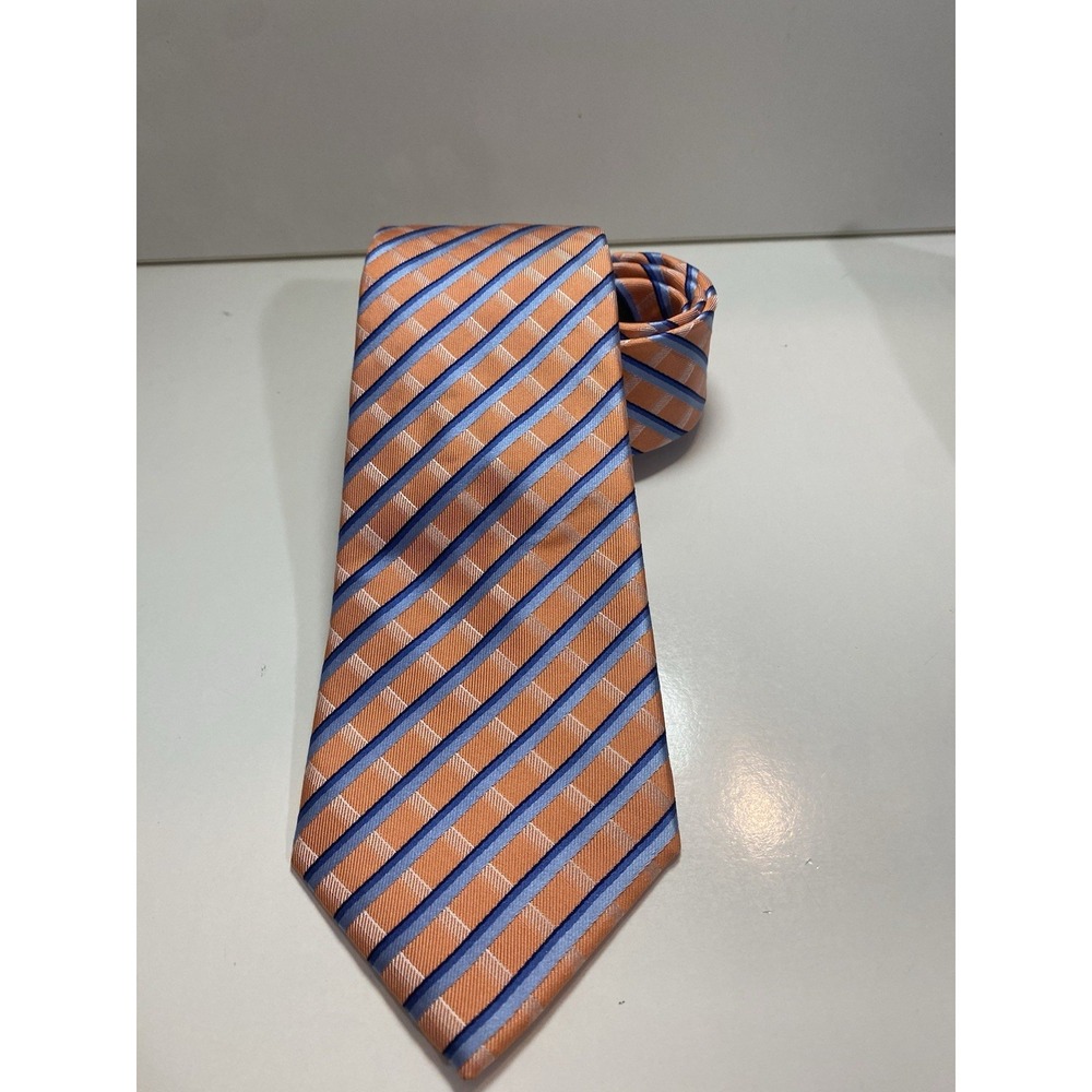 T. Harris London Orange & Blue Striped Silk Tie - Men's Classic Designer 60”x4”